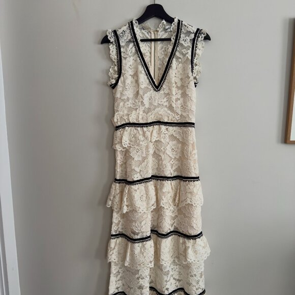 Self-Portrait Dresses & Skirts - Self-Portrait Tiered Lace Midi Dress in Ivory with Black Trim UK8/US4